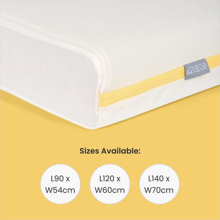 Inside of Mamas & Papas Essential Fibre baby mattress, available in sizes 90x54cm, 120x60cm and 140x70cm.