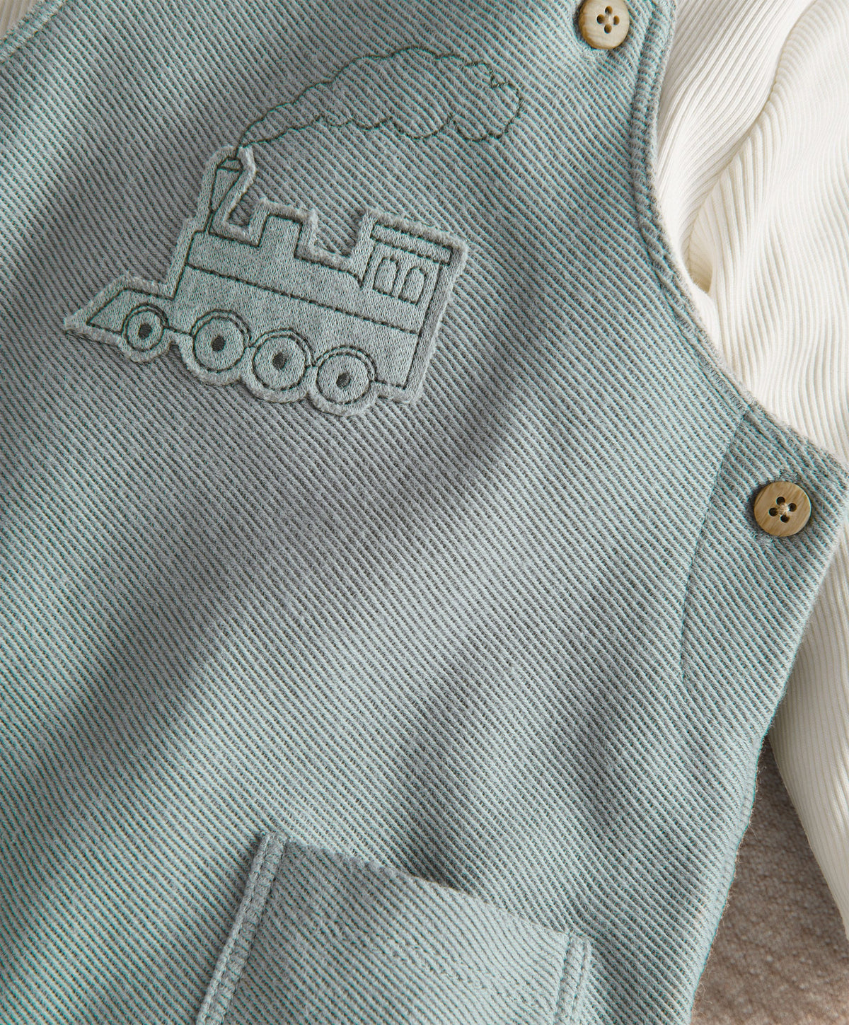 Mamas & Papas 2pc Set Train Embroidery Dungarees & Long Sleeve Top