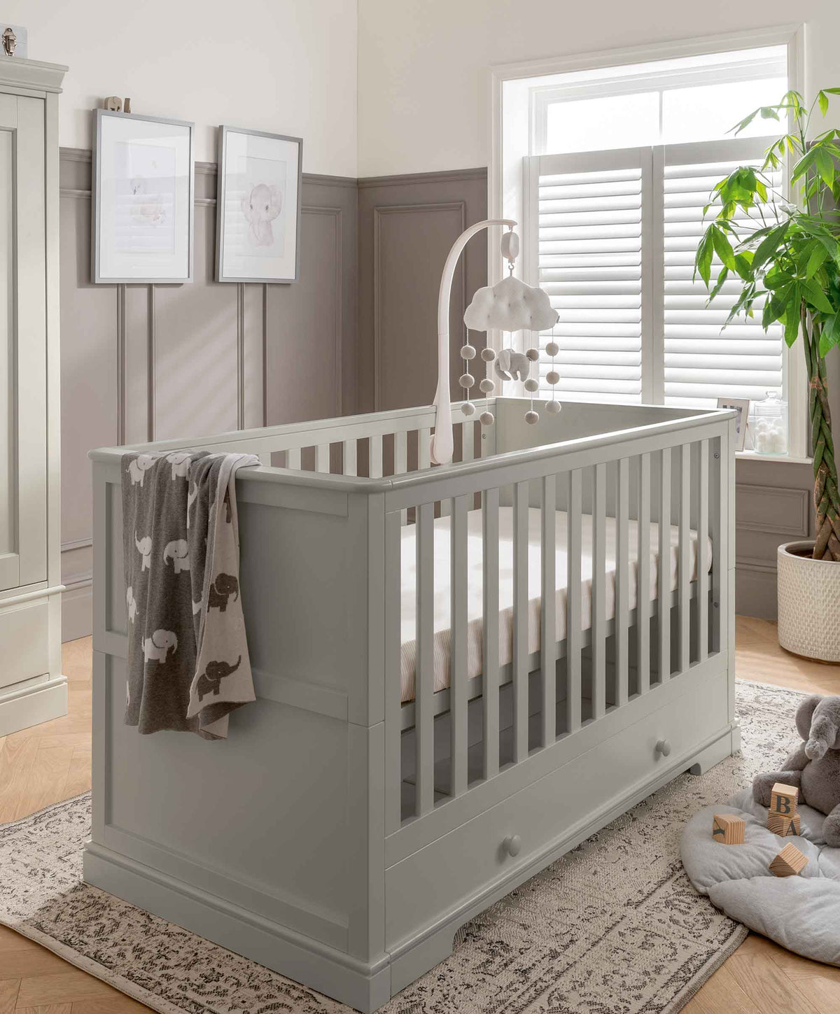 Mamas & Papas Oxford 2 Piece Nursery Furniture Set with Cotbed and Wardrobe - Stone Grey