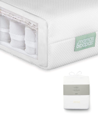 Mamas & Papas Cotbed Mattresses Premium Pocket Spring Cotbed Mattress and Fitted Sheets (Pack of 2) Bundle