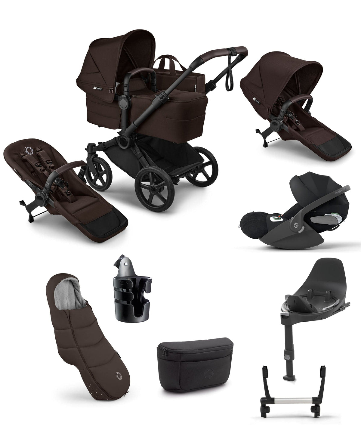 Bugaboo Bugaboo Donkey 6 Double Ultimate Bundle With Cybex Cloud T+ i-Size Rotating Baby Car Seat & Base (8 Pieces) - Cocoa Brown