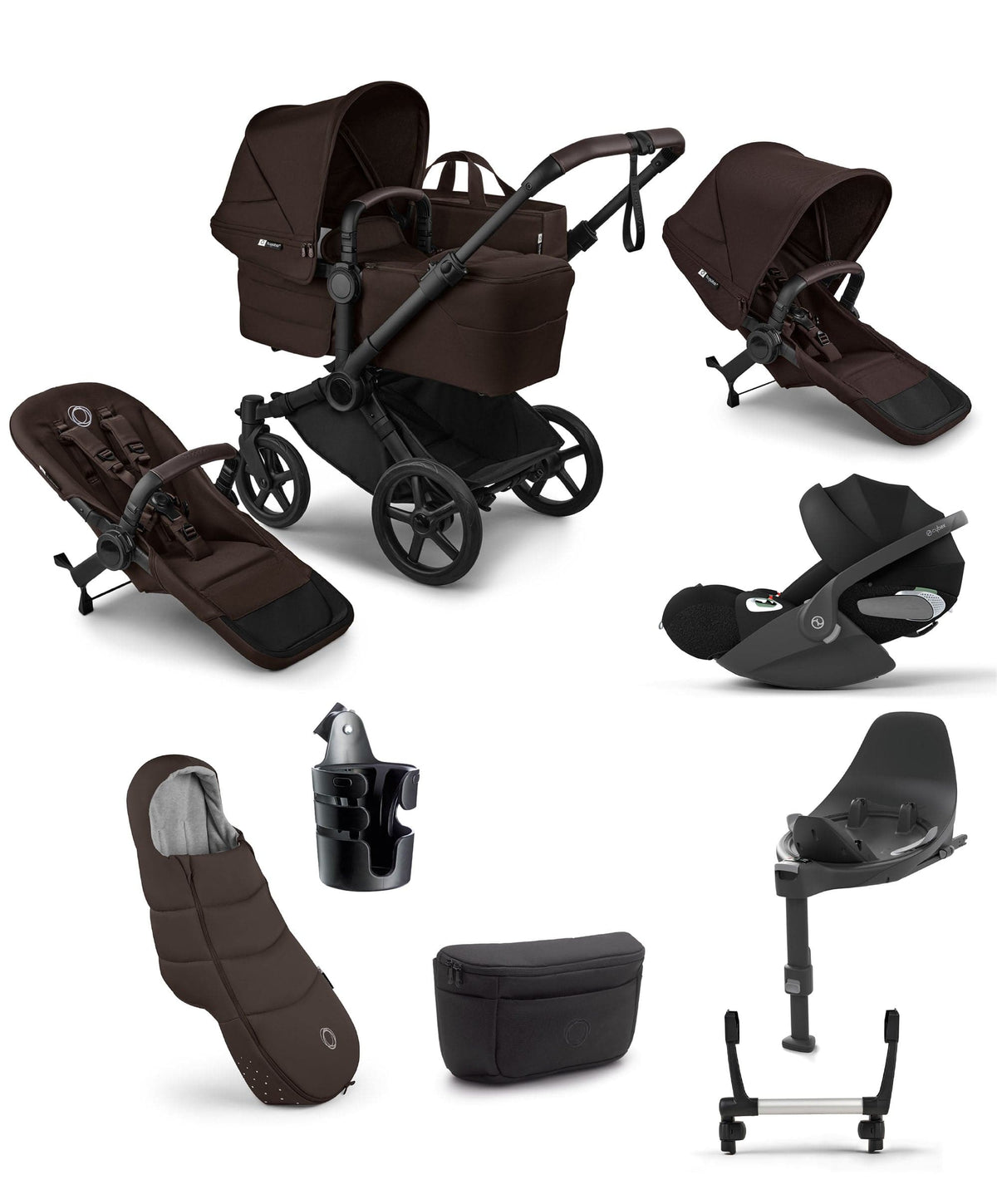 Bugaboo Bugaboo Donkey 6 Double Ultimate Pushchair Bundle With Cybex Cloud T i-Size Rotating Baby Car Seat & Base (8 Pieces) - Cocoa Brown