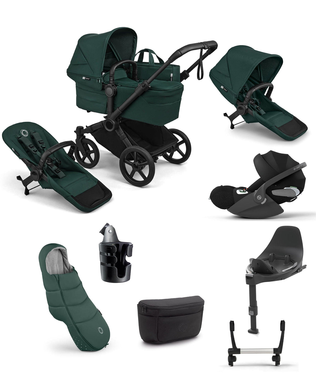 Bugaboo Bugaboo Donkey 6 Double Ultimate Pushchair Bundle With Cybex Cloud T i-Size Rotating Baby Car Seat & Base (8 Pieces) - Fern Green