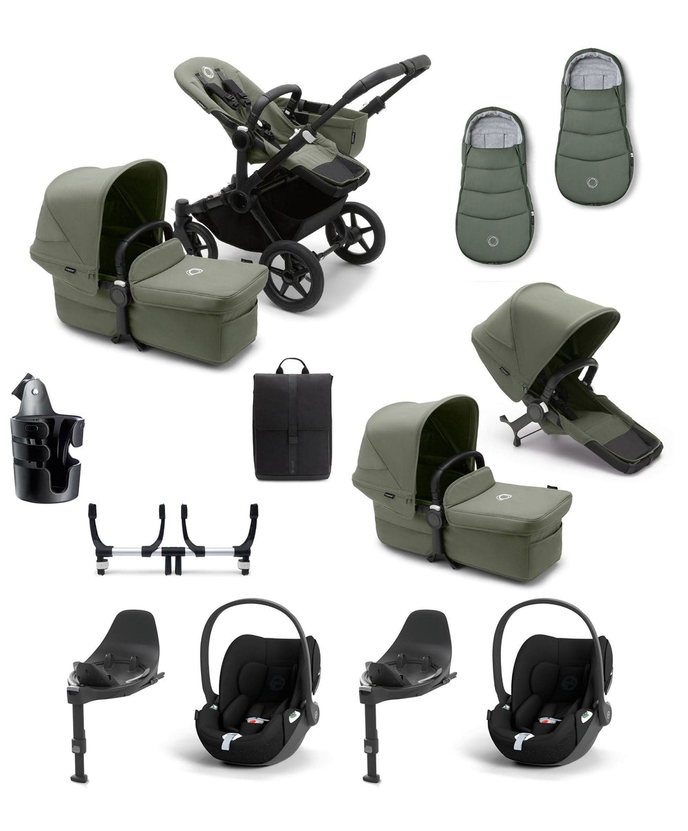 Bugaboo Pushchairs Bugaboo Donkey 5 Twin Pushchair Essential Bundle With Cybex Cloud T i-Size Rotating Baby Car Seat &amp; Base (12 Pieces) - Forest Green