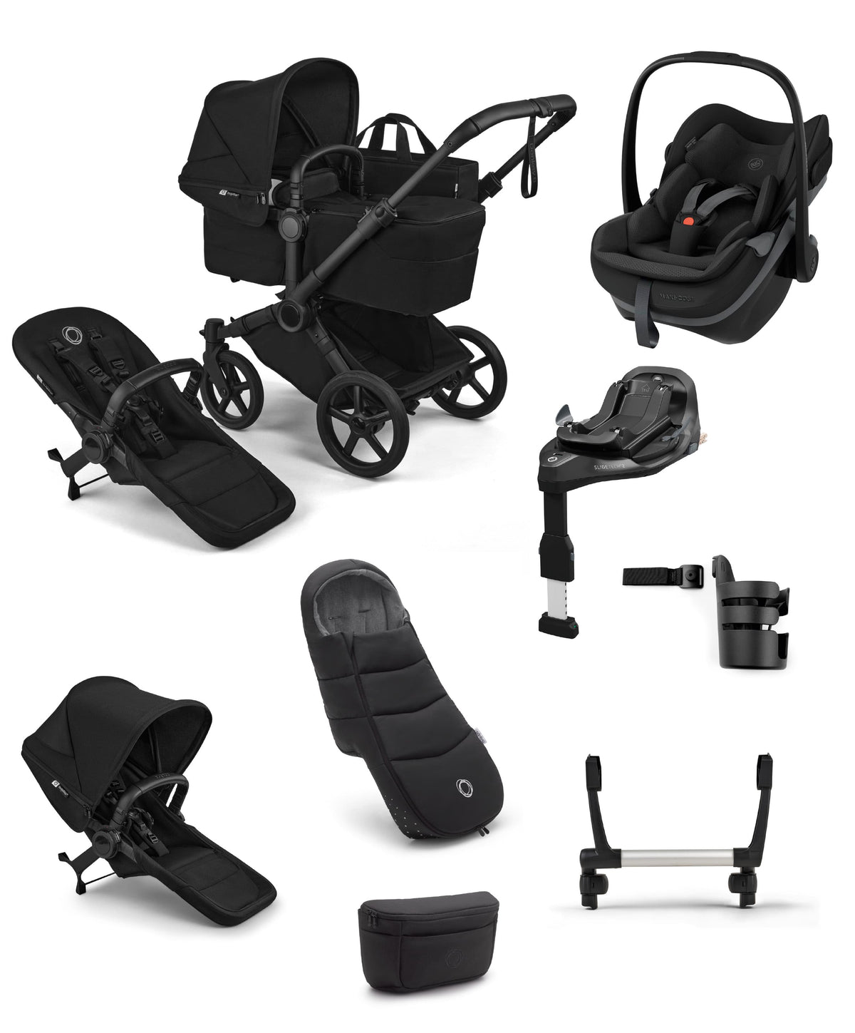 Bugaboo Pushchairs Bugaboo Donkey 6 Ultimate Double Pushchair with Maxi Cosi Pebble Slide Pro Car Seat & Base (8 Pieces) - Heritage Black
