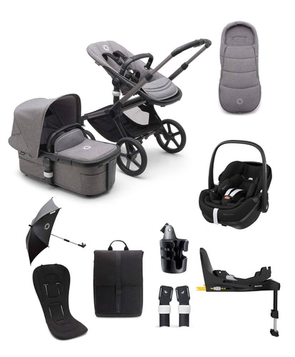 Bugaboo Pushchairs Bugaboo Fox5 Essential 9 Piece Travel System with Pebble Pro 360 Car Seat and Base in Grey Melange