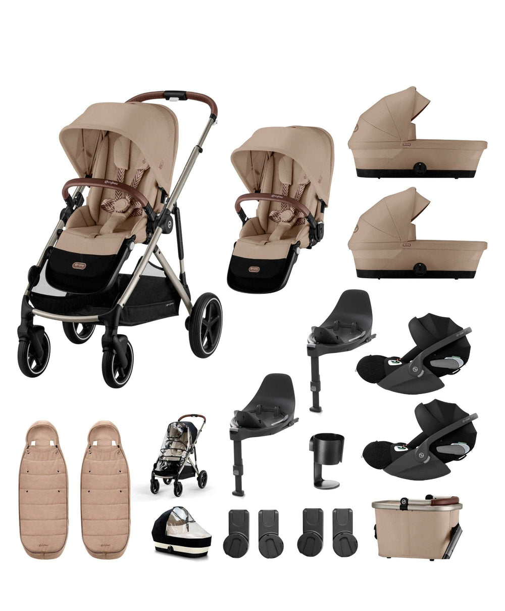 Cybex Cybex Gazelle S Twin Pushchair Bundle with Cybex Cloud T i-Size Rotating Baby Car Seat &amp; Base (16 Pieces)- Almond Beige