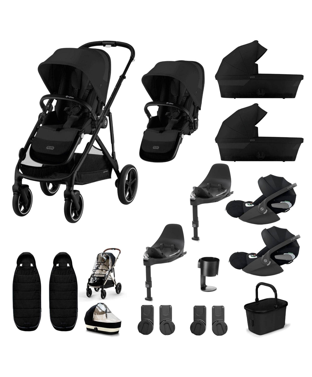 Cybex Cybex Gazelle S Twin Pushchair Bundle with Cybex Cloud T i-Size Rotating Baby Car Seat &amp; Base (16 Pieces) - Moon Black