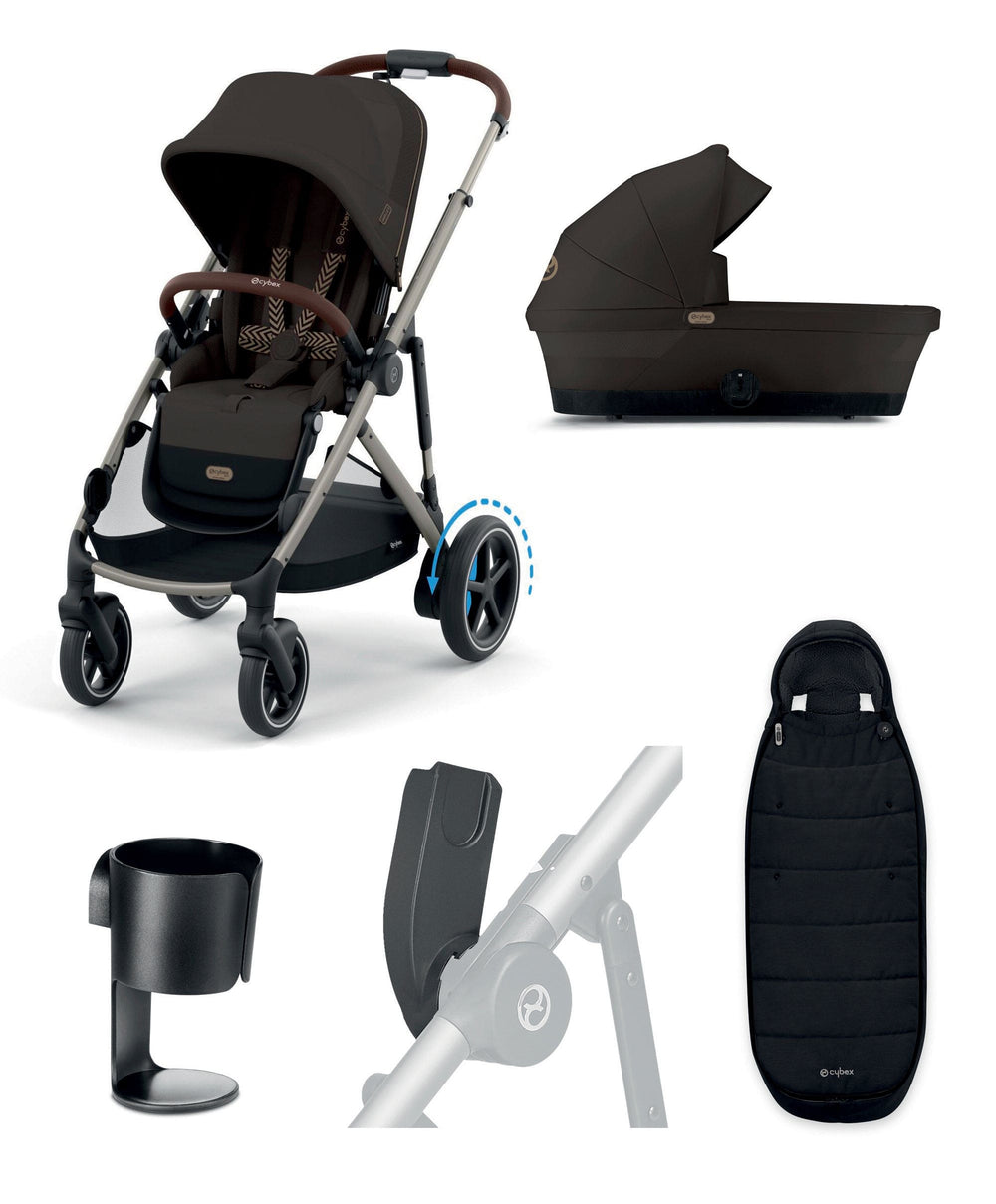 Cybex Pushchairs Cybex e-Gazelle S Electric Single to Double Pushchair Bundle (5 Pieces) - Chocolate Brown