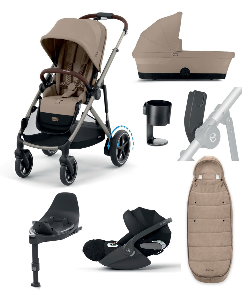Cybex Pushchairs Cybex e-Gazelle S Electric Single to Double Pushchair Bundle with Cybex Cloud T+ i-Size Rotating Car Seat (7 Pieces) - Almond Beige