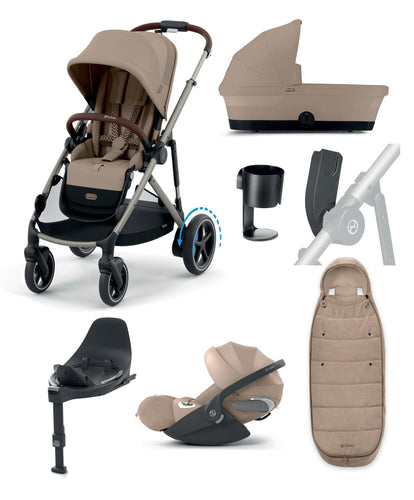 Cybex Pushchairs Cybex e-Gazelle S Electric Single to Double Pushchair Bundle with Cybex Cloud T+ i-Size Rotating Car Seat (7 Pieces) - Almond Beige/ Cozy Beige