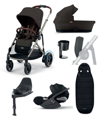 Cybex Pushchairs Cybex e-Gazelle S Electric Single to Double Pushchair Bundle with Cybex Cloud T i-Size Rotating Car Seat (7 Pieces) - Chocolate Brown