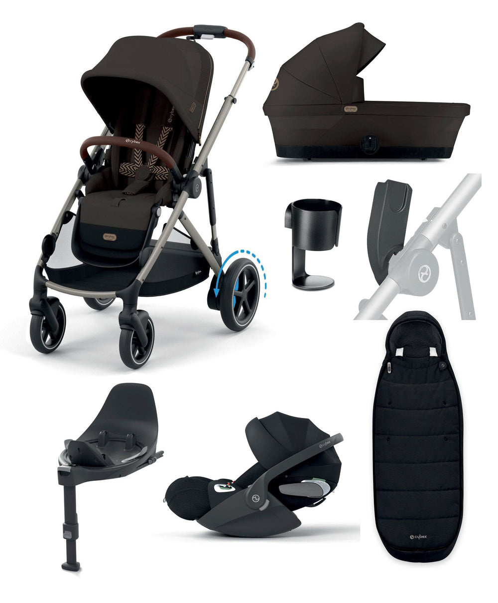 Cybex Pushchairs Cybex e-Gazelle S Electric Single to Double Pushchair Bundle with Cybex Cloud T+ i-Size Rotating Car Seat (7 Pieces) - Chocolate Brown