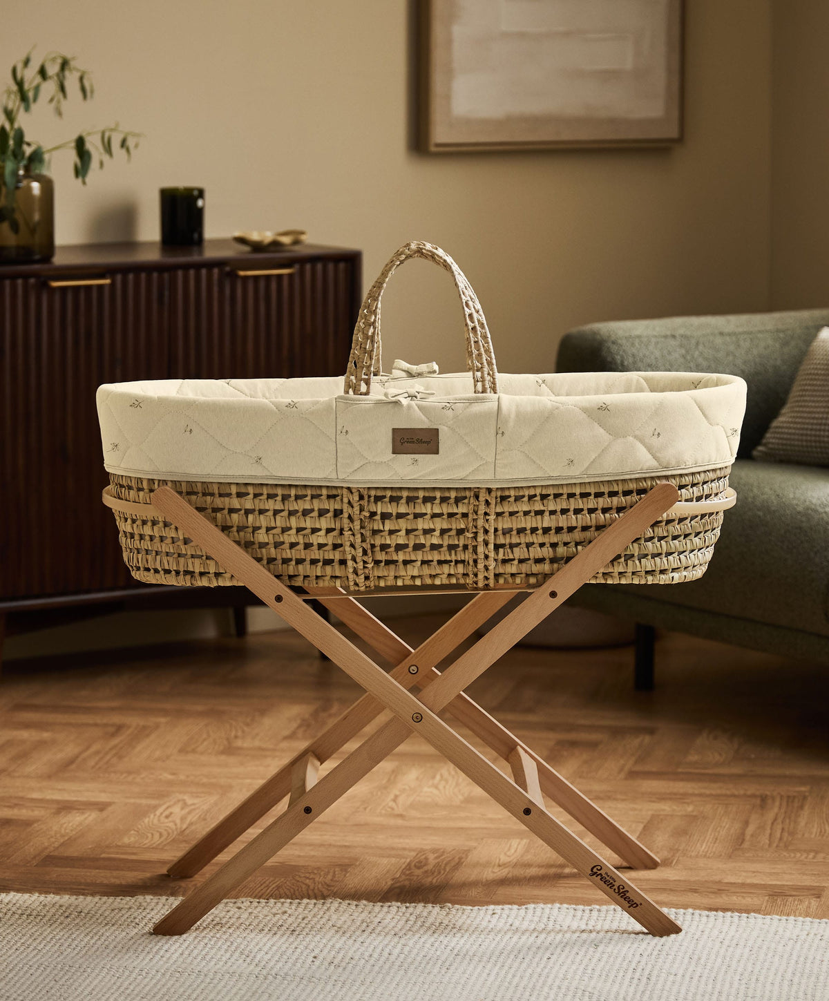 Little Green Sheep Quilted Moses Basket & Mattress - Floral