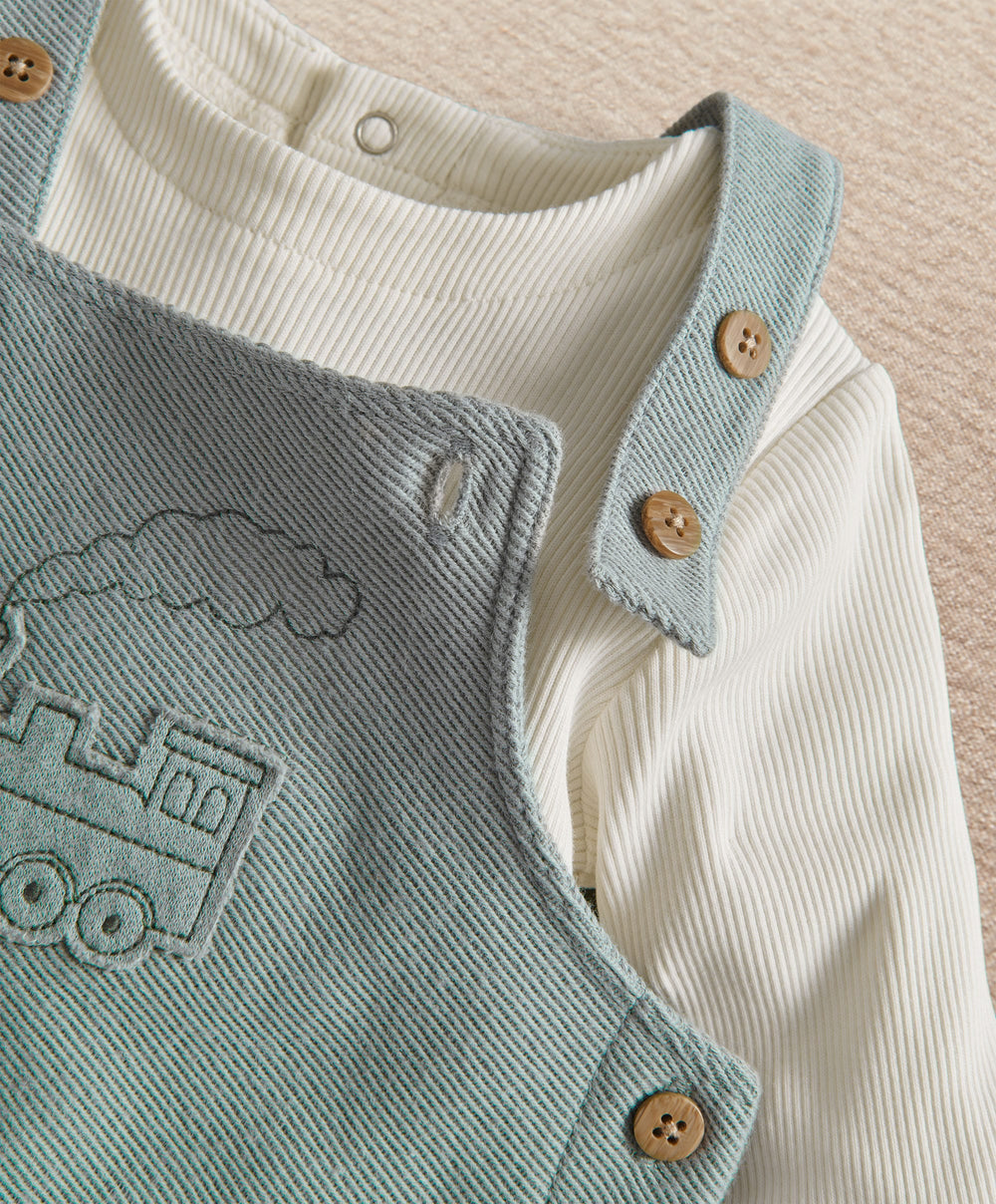 Mamas &amp; Papas 2pc Set Train Embroidery Dungarees &amp; Long Sleeve Top