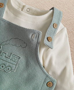 Mamas & Papas 2pc Set Train Embroidery Dungarees & Long Sleeve Top