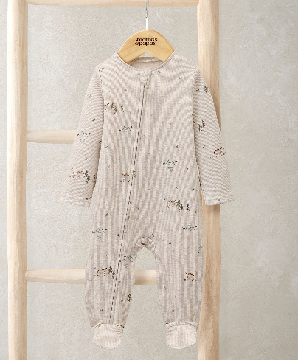 Mamas &amp; Papas All-in-Ones &amp; Bodysuits Moose Print Ribbed Jersey All In One - Cream