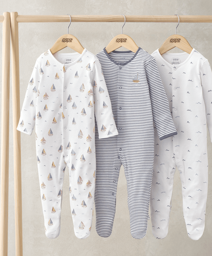 Mamas & Papas All-in-Ones & Bodysuits Sleepsuits (Pack of 3) - Boat, Water and Stripe Print
