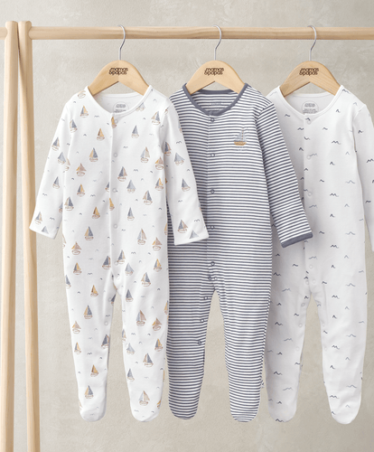 Mamas & Papas All-in-Ones & Bodysuits Sleepsuits (Pack of 3) - Boat, Water and Stripe Print