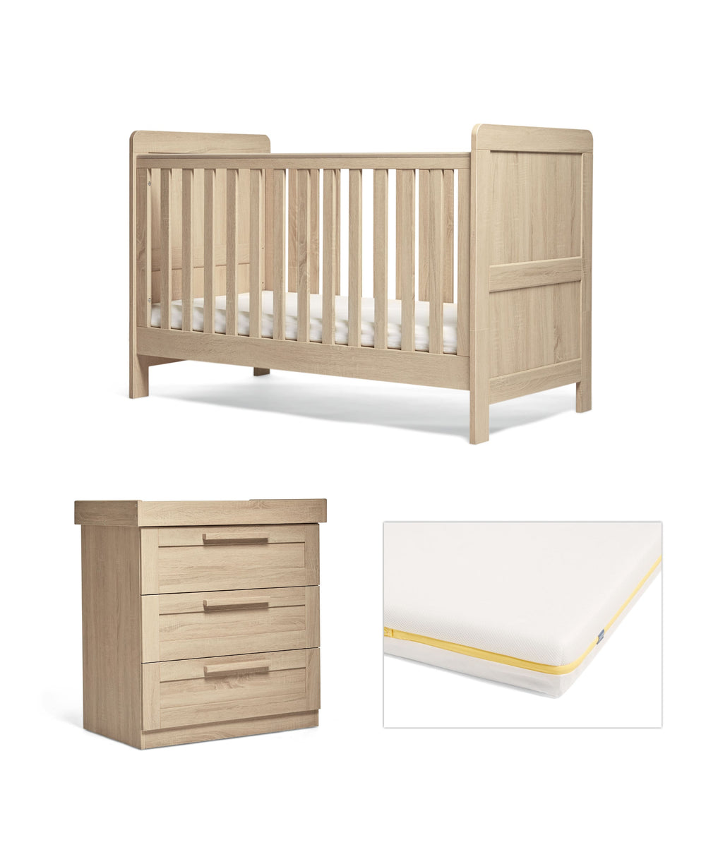 Mamas &amp; Papas Atlas Nursery Furniture Set &amp; Essential Airflow Pocket Spring Cotbed Mattress Bundle - Light Oak