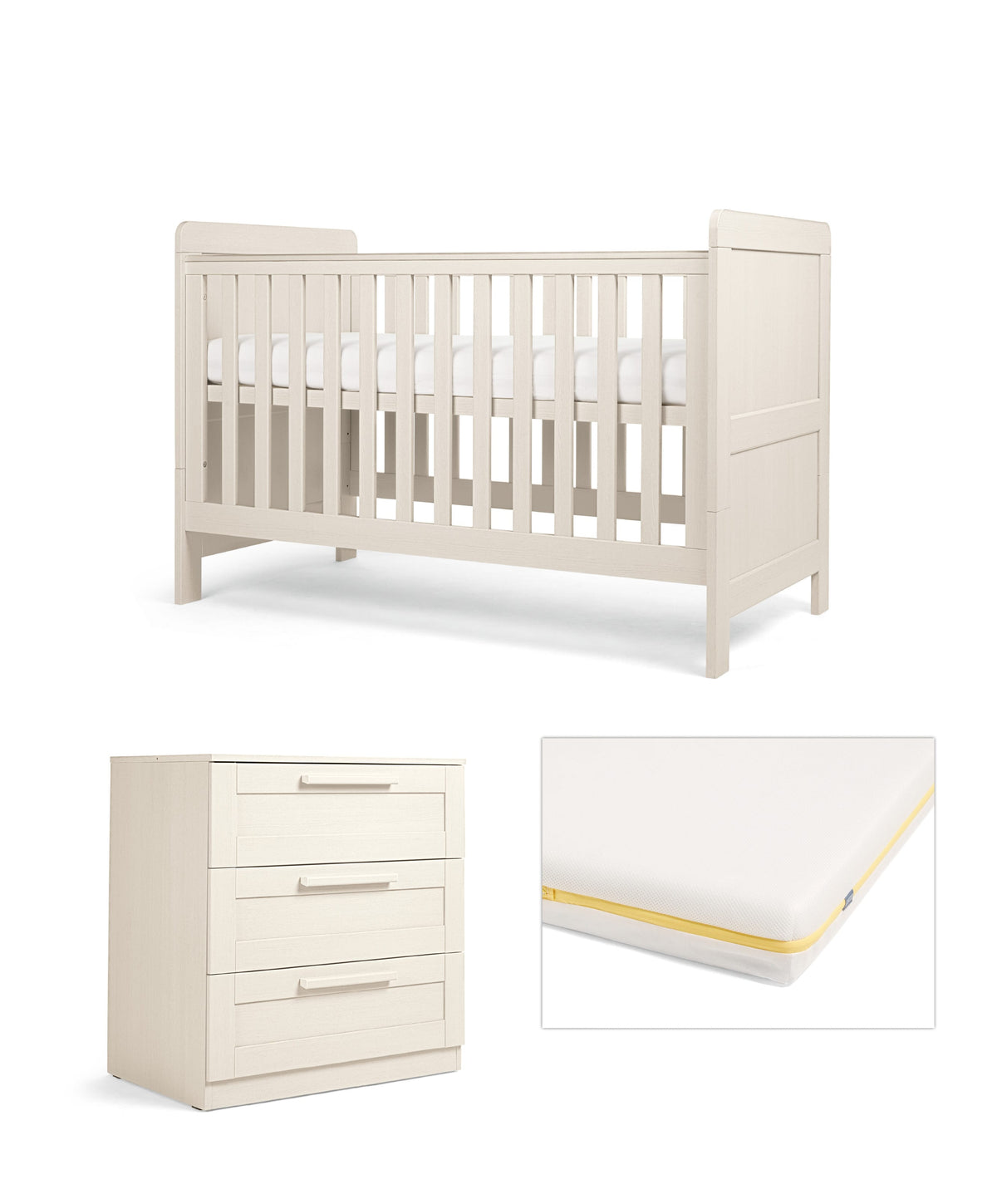 Mamas & Papas Atlas Nursery Furniture Set & Essential Airflow Pocket Spring Cotbed Mattress Bundle - Stone