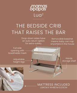 Mamas & Papas Bedside Sleeping Lua 2 Bedside Crib Bundle with Cosmic Sheets & Mattress Protector - Mocha