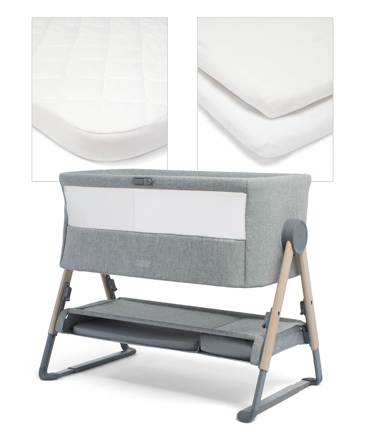 Mamas & Papas Bedside Sleeping Lua Bedside Crib and Sheet Bundle - Grey/White