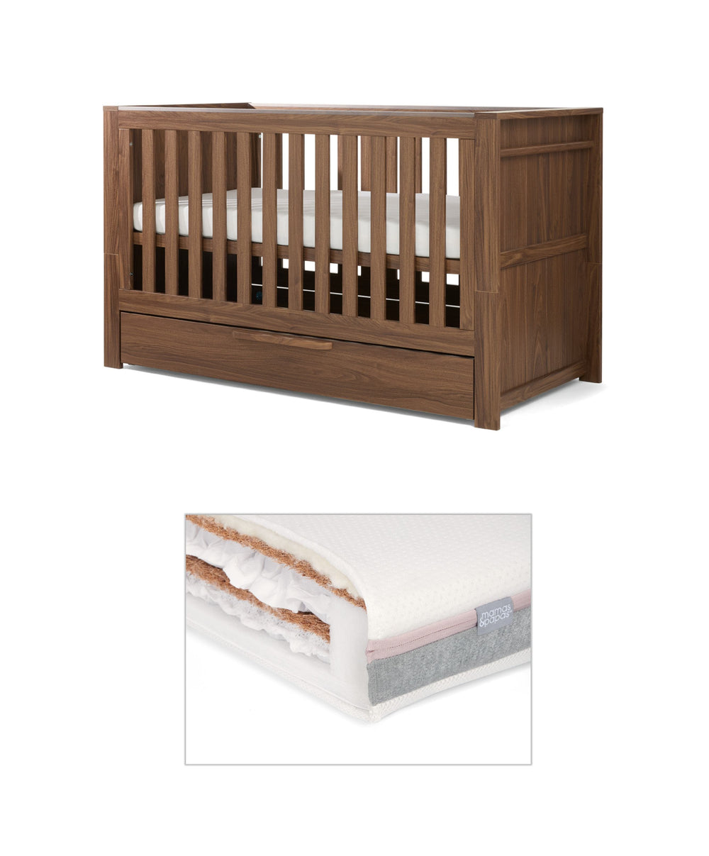 Mamas &amp; Papas Cotbed Bundles Franklin Cotbed with Luxury Hybrid Twin Cotbed Mattress - Walnut