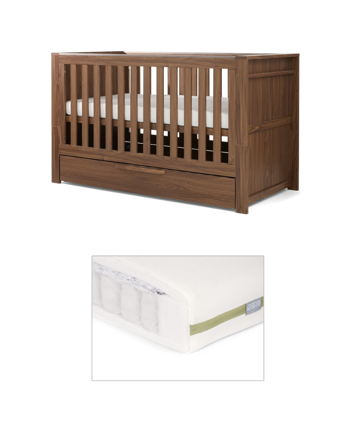 Mamas & Papas Cotbed Bundles Franklin Cotbed with Premium Pocket Spring Cotbed Mattress - Walnut