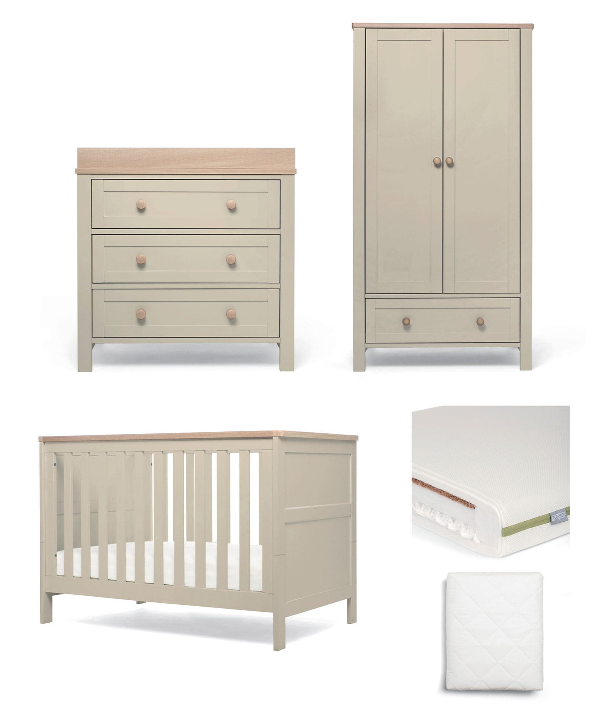 Mamas & Papas Cotbed Bundles Wedmore 3 Piece Small Cotbed Range With Premium Dual Core Mattress  - Cashmere/Oak