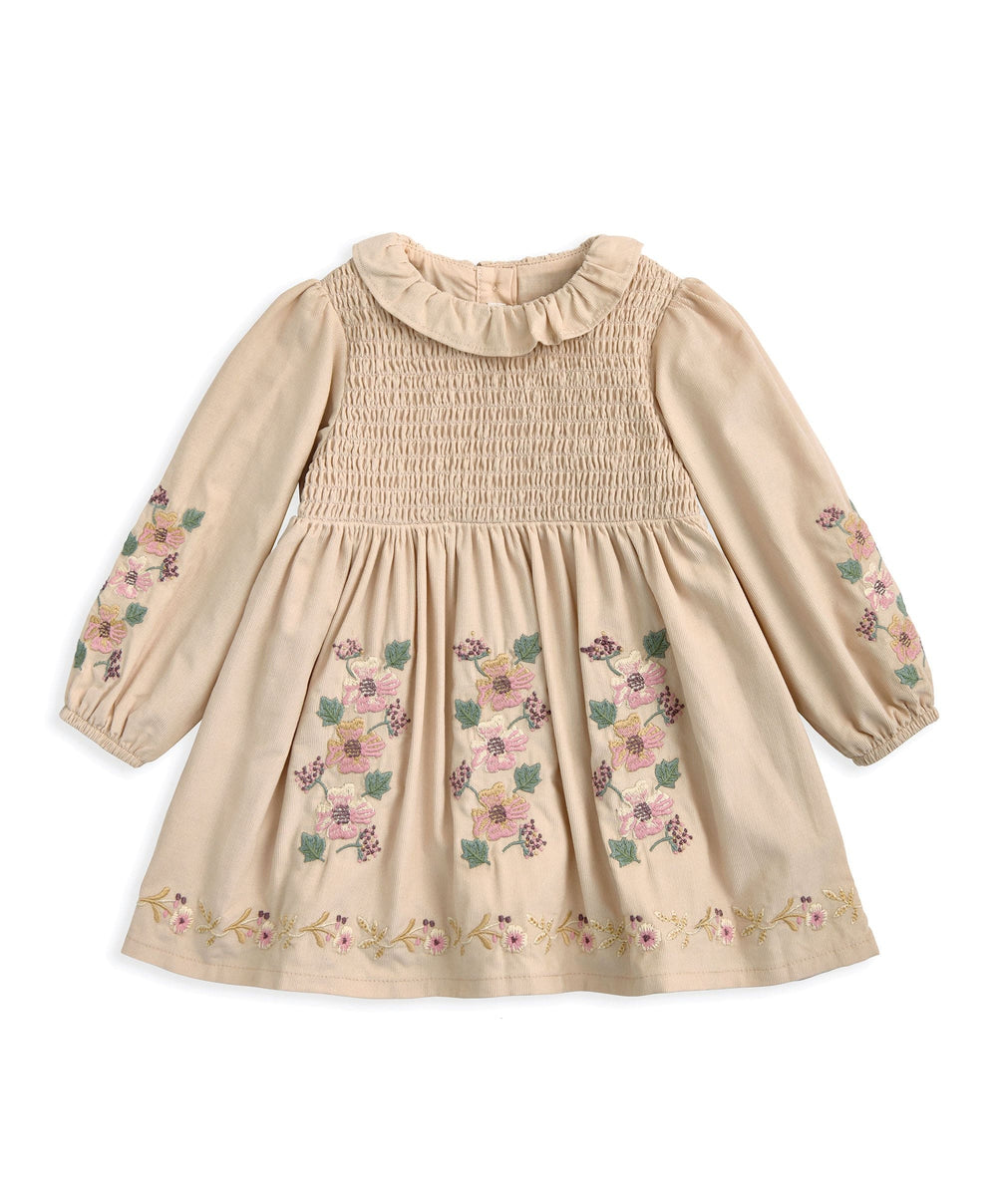 Mamas &amp; Papas Dresses &amp; Skirts Embroidered Cord Dress with Frill Neck &amp; Smocked Yoke