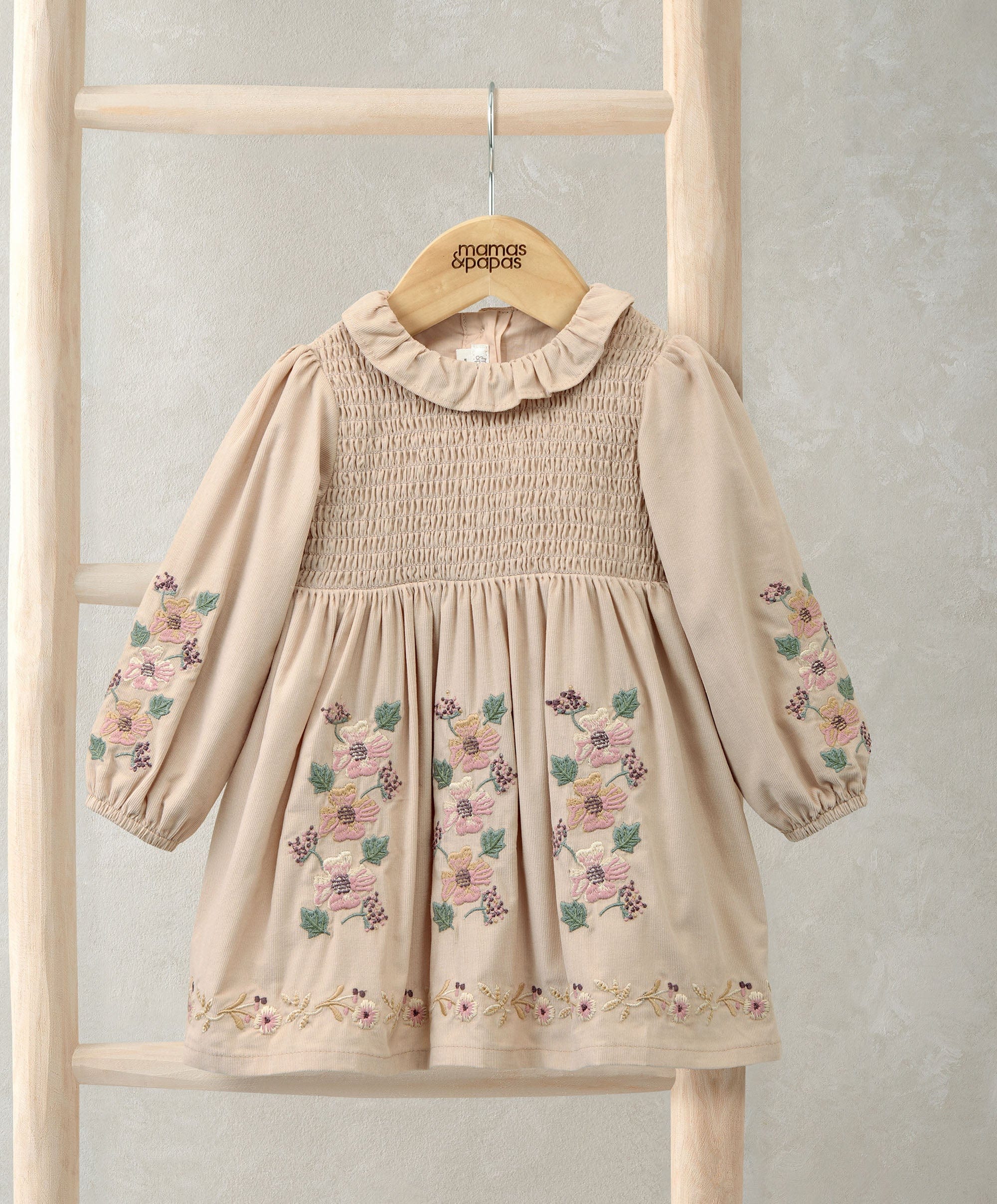 Embroidered Cord Dress with Frill Neck Smocked Yoke – Mamas