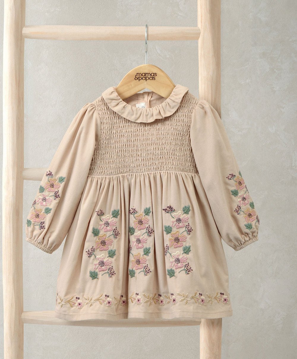 Mamas &amp; Papas Dresses &amp; Skirts Embroidered Cord Dress with Frill Neck &amp; Smocked Yoke