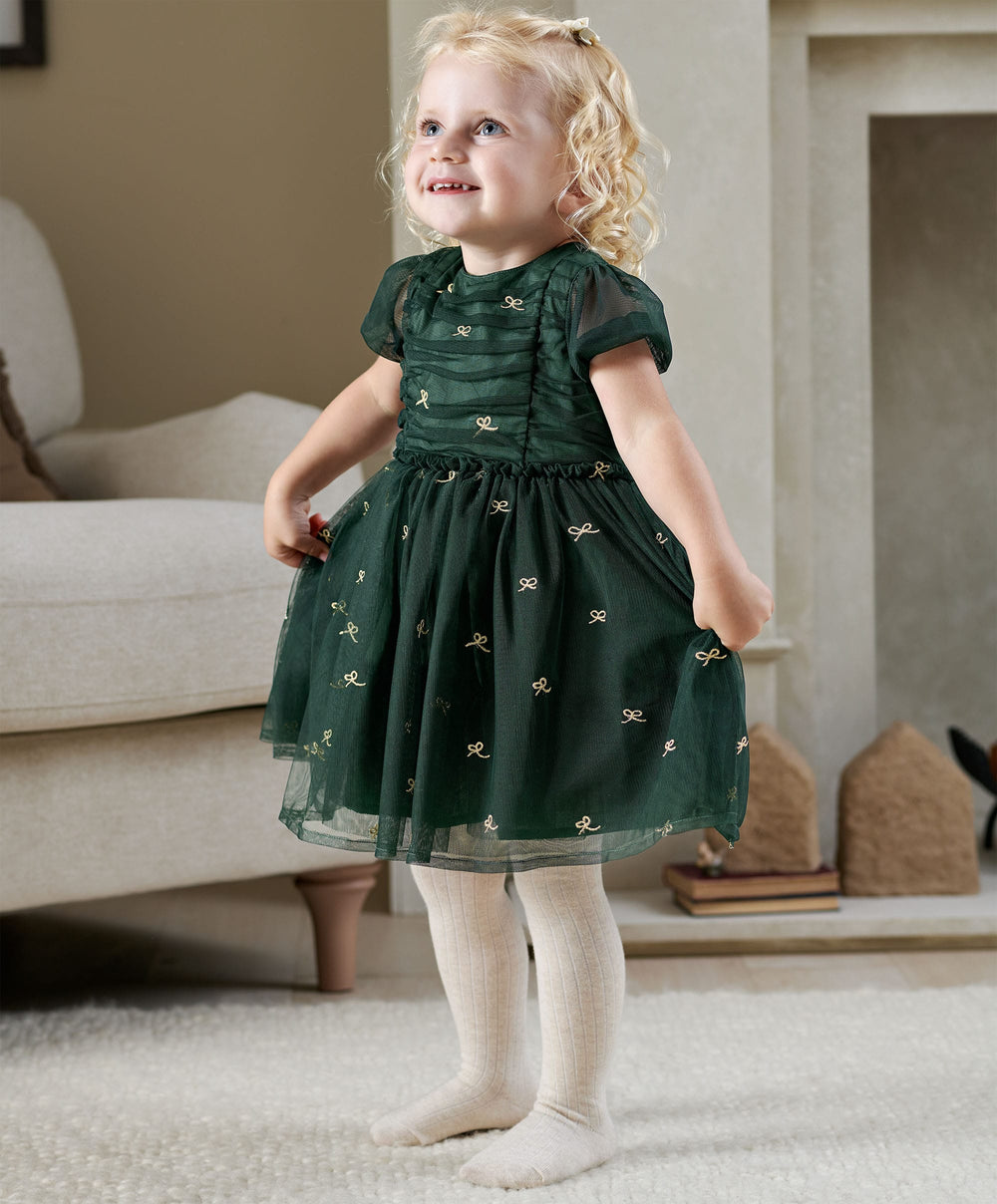Mamas &amp; Papas Dresses &amp; Skirts Green Bow Mesh Embroidery Dress