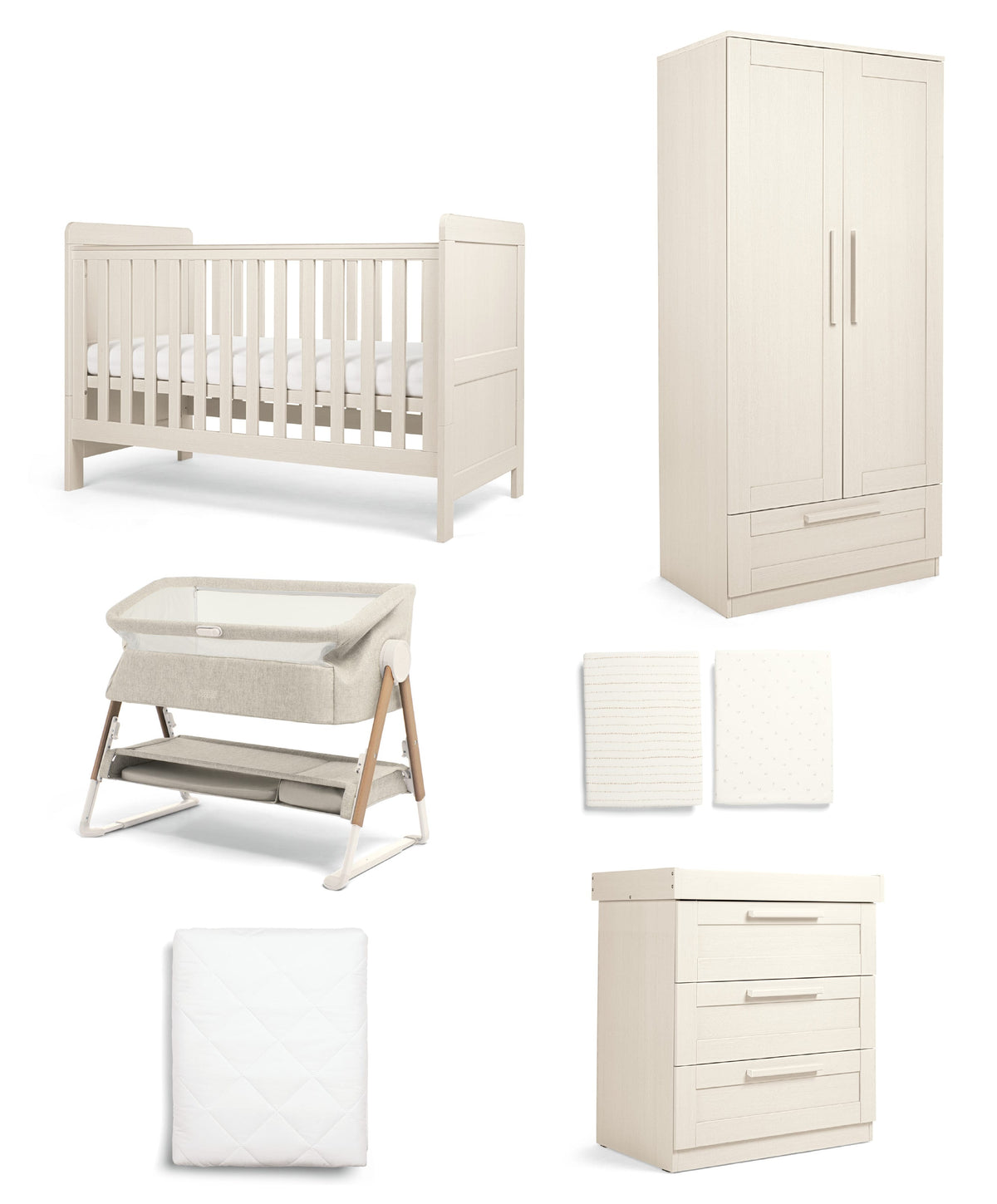 Mamas & Papas Furniture Sets Atlas Nursery Bundle with Lua Bedside Crib (6 Piece) – Stone