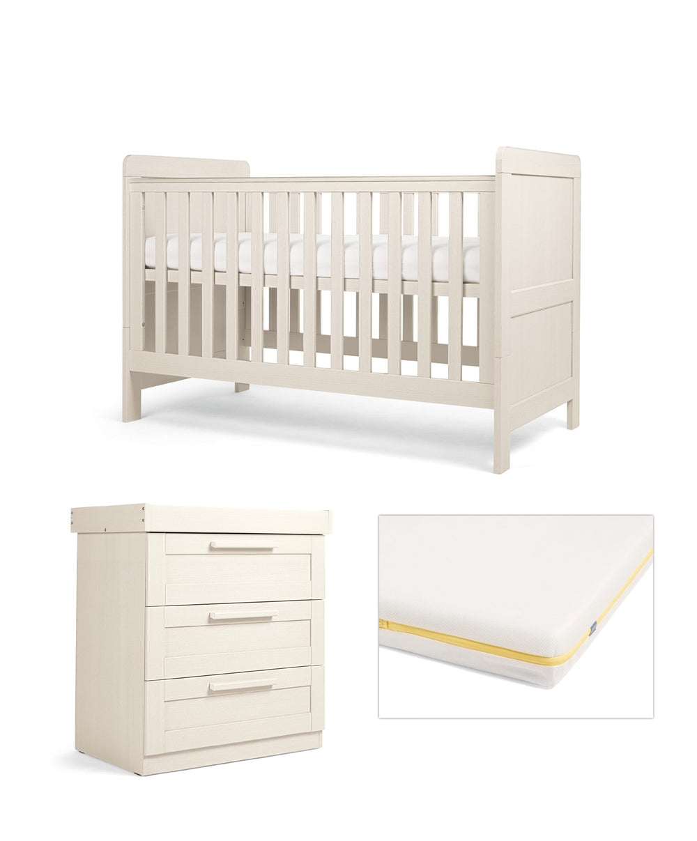 Mamas &amp; Papas Furniture Sets Atlas Nursery Furniture Set &amp; Essential Airflow Pocket Spring Cotbed Mattress Bundle - Stone