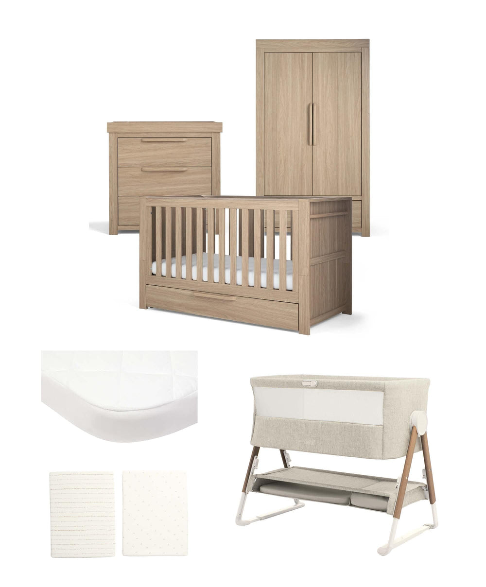 Mamas &amp; Papas Furniture Sets Franklin Nursery Bundle with Lua Bedside Crib (6 Piece) – Natural Oak