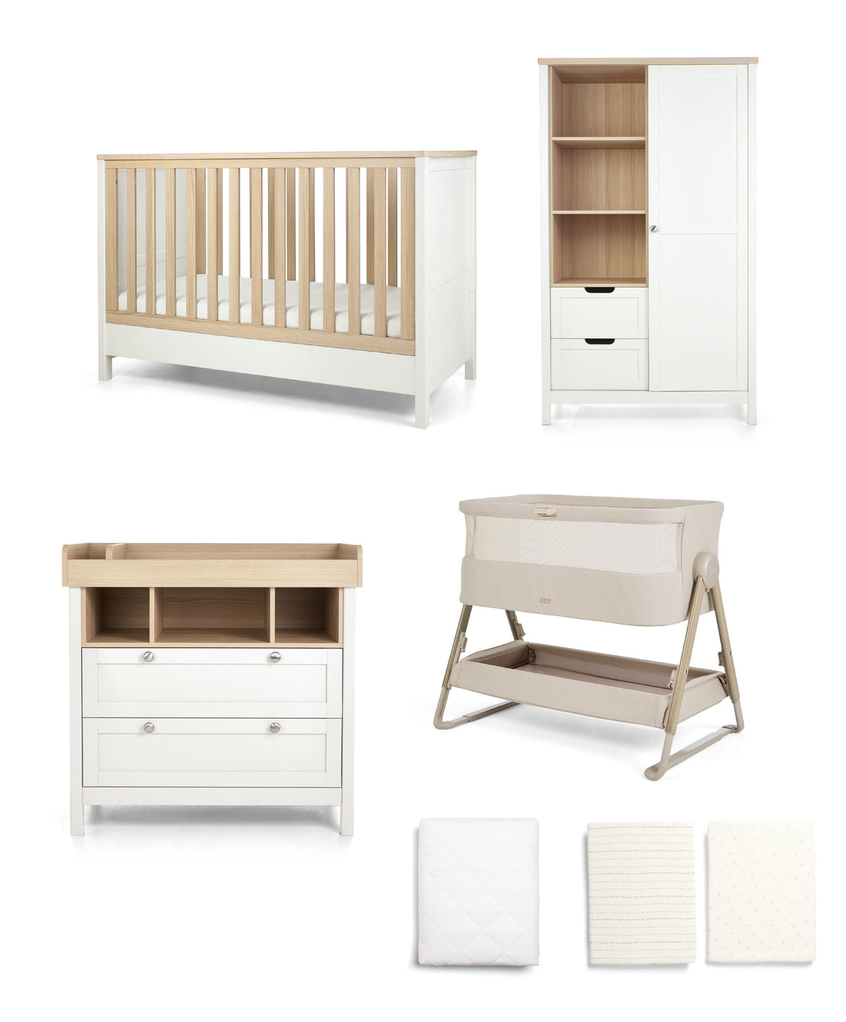 Mamas & Papas Furniture Sets Harwell Nursery Bundle with Lua 2 Bedside Crib (6 Piece) – Sand/White