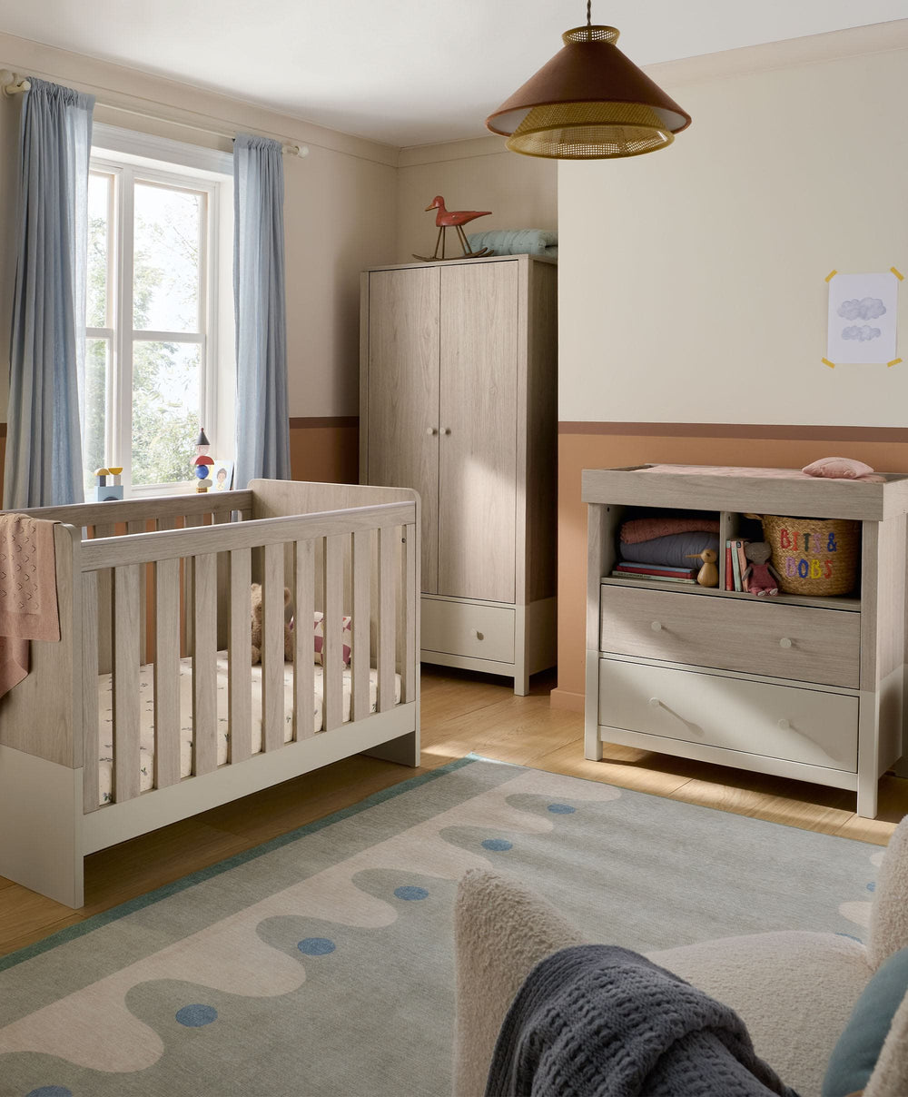 Mamas &amp; Papas Furniture Sets Litton 3 Piece Cotbed Range with Dresser Changer and Wardrobe - Washed Oak