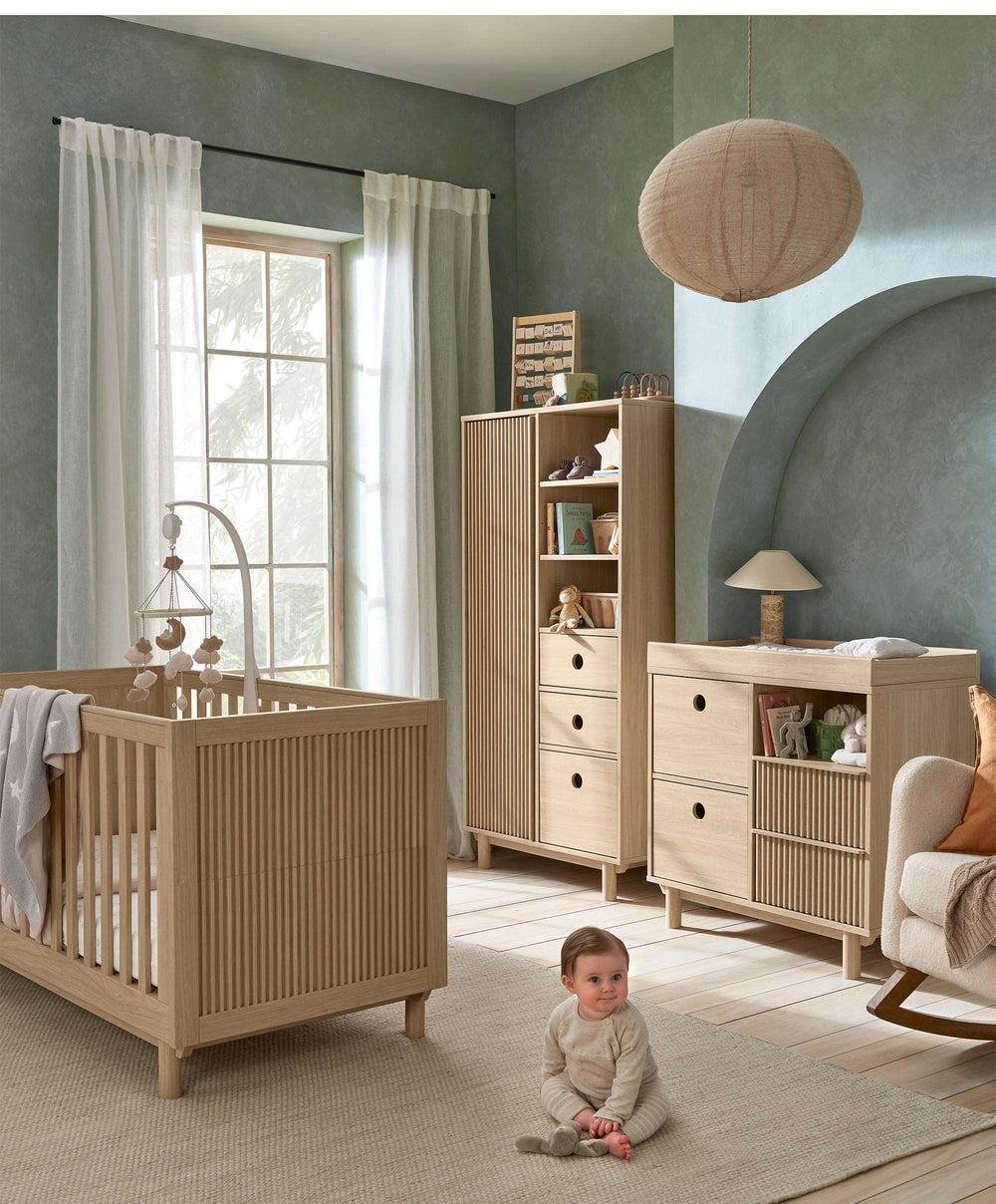 Mamas &amp; Papas Furniture Sets Oska 3 Piece Cotbed Range With Narrow Dresser Changer &amp; Wardrobe - Natural/Oak