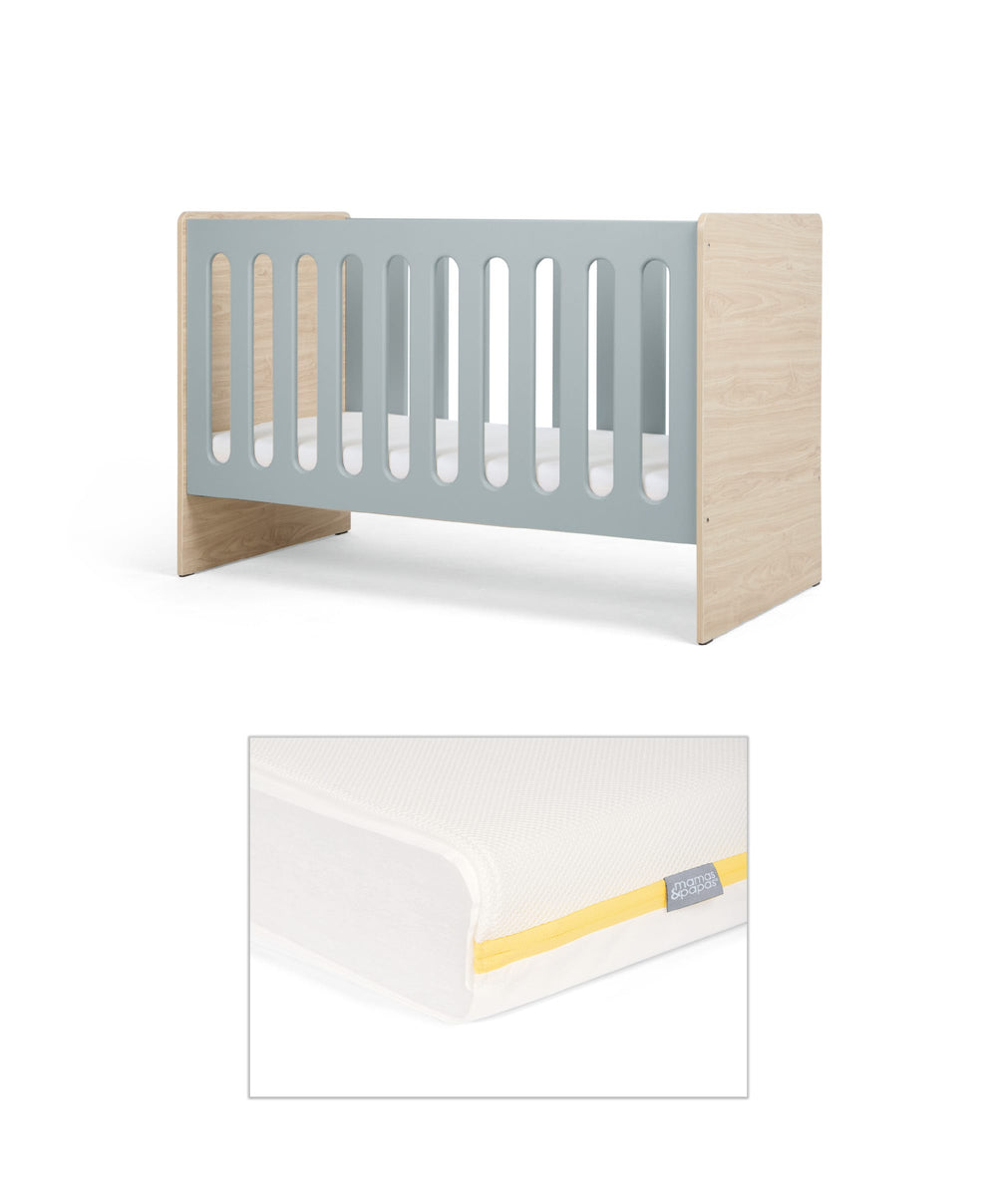 Mamas &amp; Papas Furniture Sets Vyne Cot &amp; Essential Airflow Fibre Small Cotbed and Cot Mattress  - Bluebell/Oak