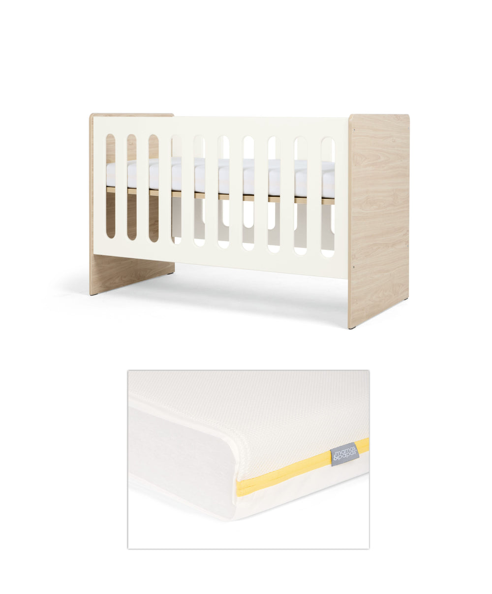 Mamas &amp; Papas Furniture Sets Vyne Cot &amp; Essential Airflow Fibre Small Cotbed and Cot Mattress  - White/Oak