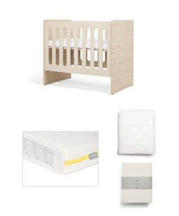 Mamas & Papas Furniture Sets Vyne Mini Cot with Essential Airflow Fibre Petite Cot Mattress & Sheets (4 Piece) - Cashmere/Oak