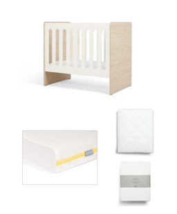 Mamas & Papas Furniture Sets Vyne Mini Cot with Essential Airflow Fibre Petite Cot Mattress & Sheets (4 Piece) - White/Oak