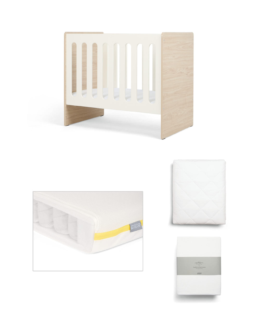 Mamas &amp; Papas Furniture Sets Vyne Mini Cot with Essential Pocket Spring Petite Cot Mattress &amp; Sheets (4 Piece) - White/Oak