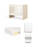Mamas & Papas Furniture Sets Vyne Mini Cot with Essential Pocket Spring Petite Cot Mattress & Sheets (4 Piece) - White/Oak