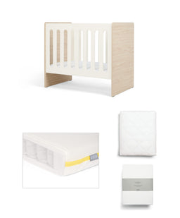 Mamas & Papas Furniture Sets Vyne Mini Cot with Essential Pocket Spring Petite Cot Mattress & Sheets (4 Piece) - White/Oak
