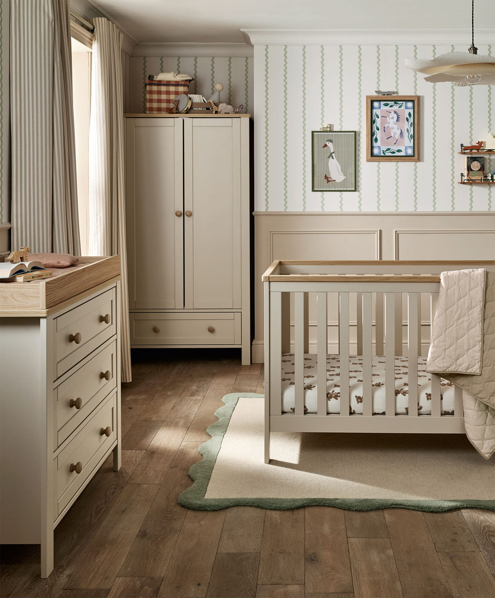 Mamas &amp; Papas Furniture Sets Wedmore 3 Piece Cotbed Range with Dresser Changer &amp; Wardrobe - Cashmere/Oak