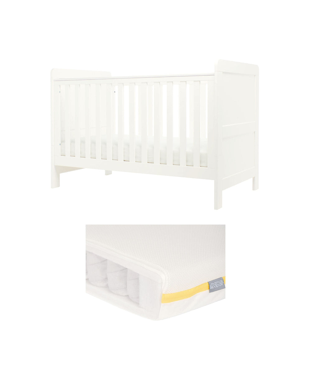 Mamas &amp; Papas Hampden Cotbed &amp; Essential Airflow Pocket Spring Mattress Bundle - White
