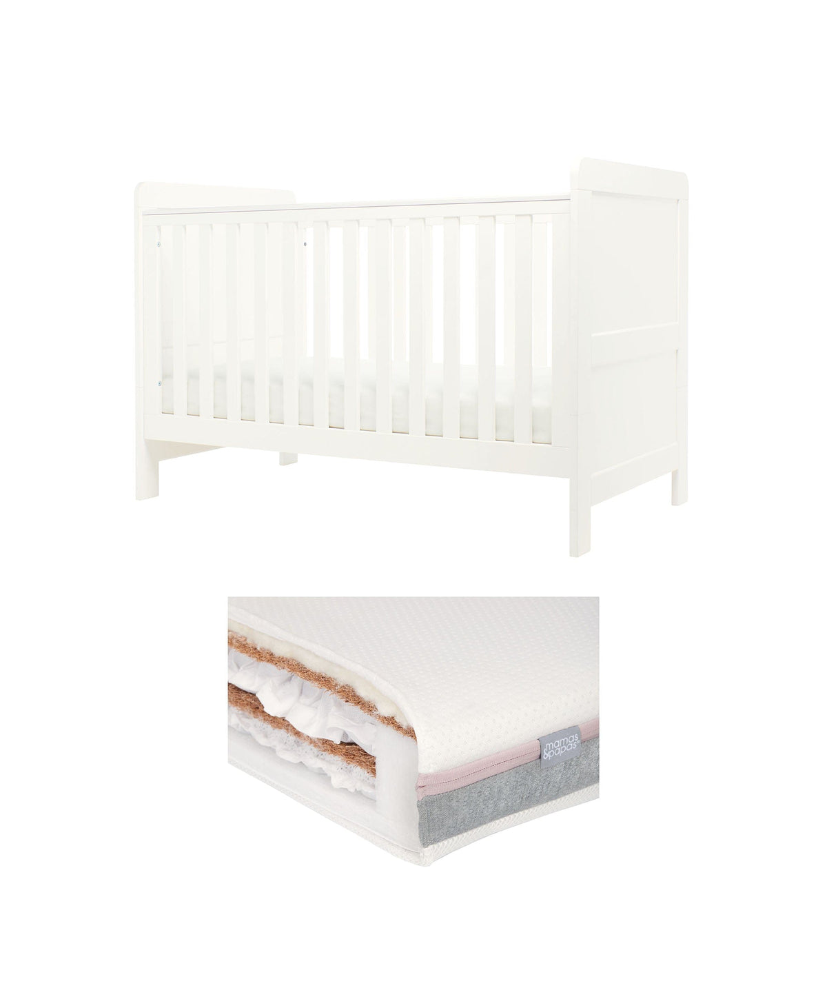 Mamas & Papas Hampden Cotbed & Luxury Hybrid Twin Cotbed Mattress Bundle - White